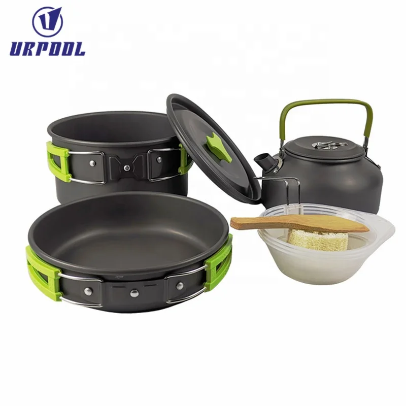 1.95 Liter (Pot+ Kettle) Camping Cookware Set 1-2 Person Campfire Kettle Outdoor Cooking Mess Kit Pots Pan for Backpacking