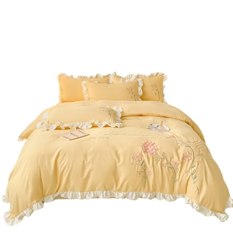 Sunny Textile Four-pieces Washed Cotton Duvet Cover Set Cotton Embroidery Bedding Set