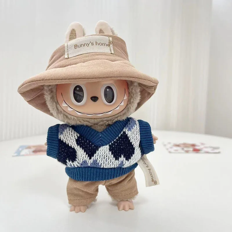 2296 17cm Pendant Blind Box Doll Plaid Baby Pajamas Cute Dress Outfit Clothes Only Labubu With Lapel