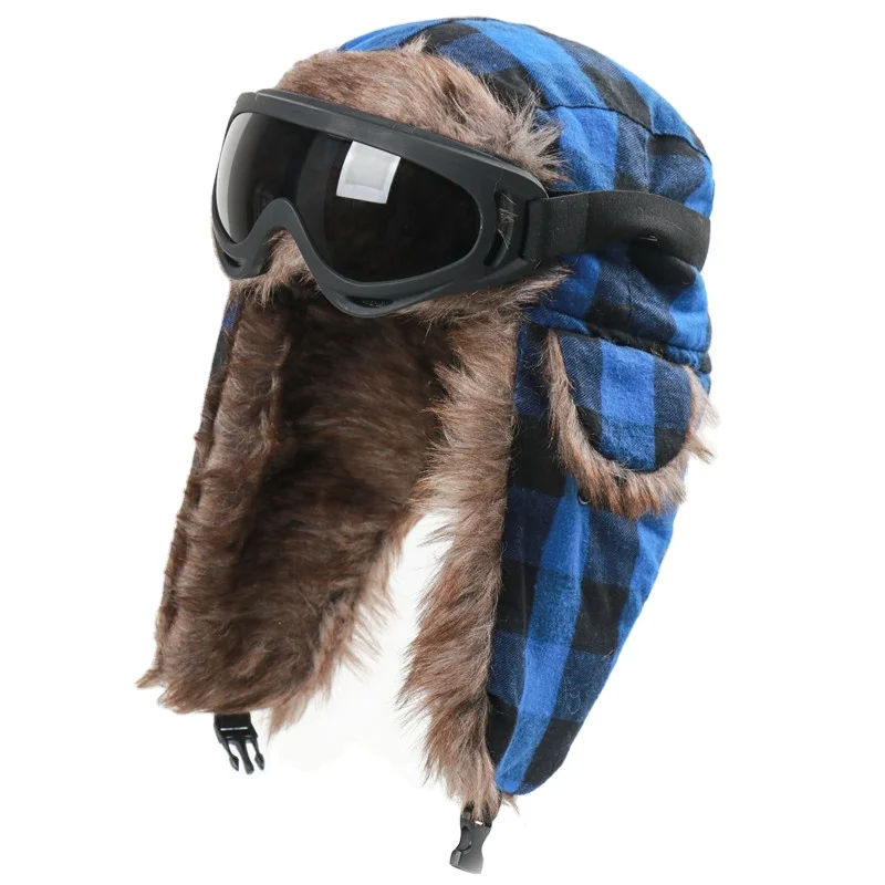 Winter Removable Goggles Aviator Cap Men Outdoor Ski Thickened Ear Protection Hat Women Artificial Fur Buckle Windproof Caps