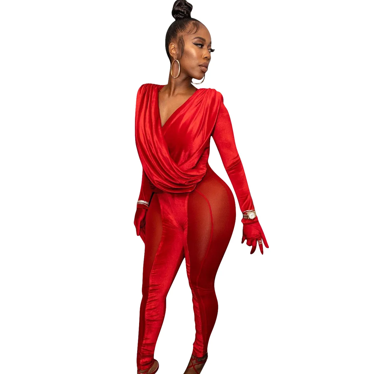 
2021 New Fashion Style Sexy Velvet Stitching Net Yarn Temperament Slim Fit Overalls Women sets 