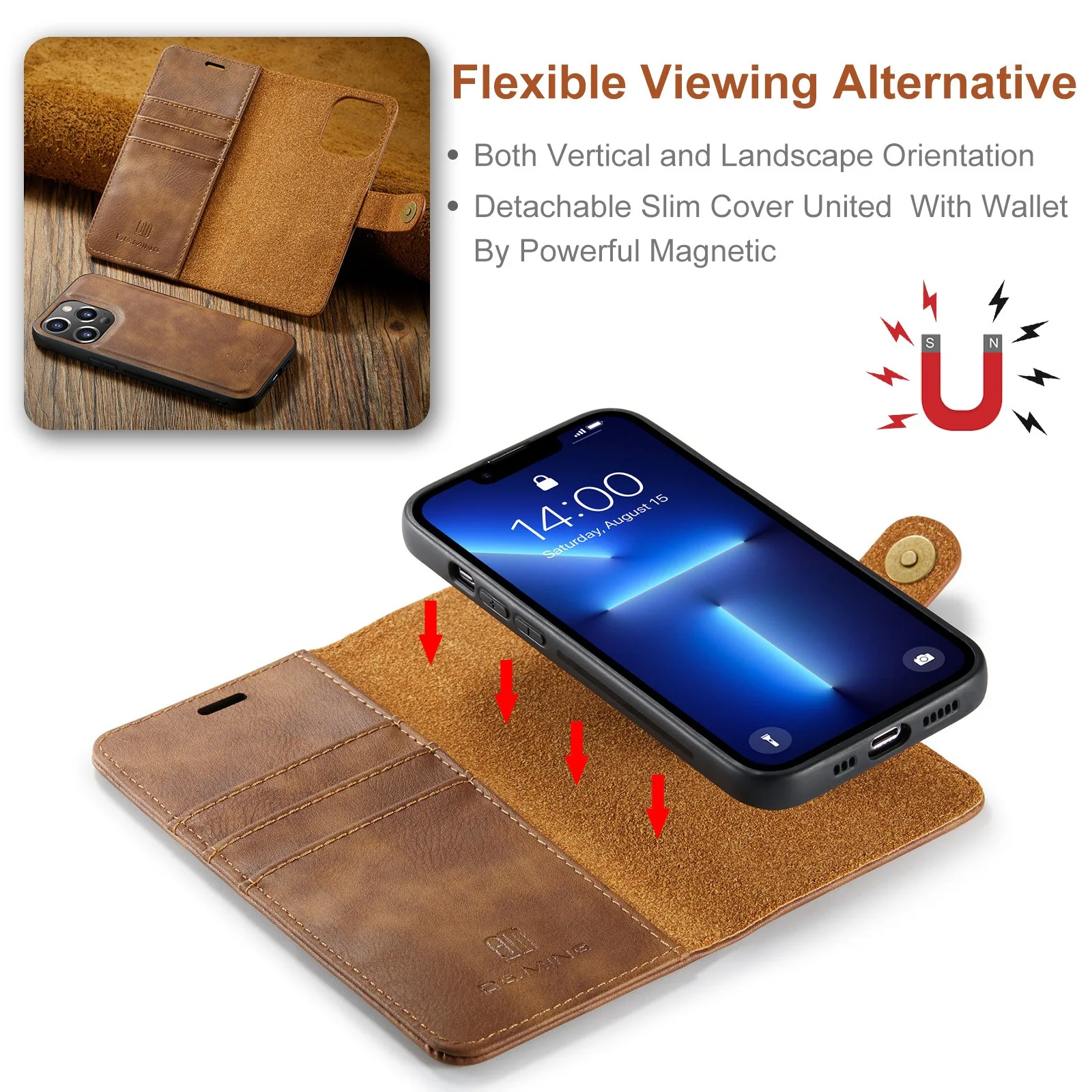 Bagsplaza 2 in 1 Detachable Back Cover Leather Mobile Case For iPhone 11 12 13 14 15 Pro  Magnetic Cell Phone case
