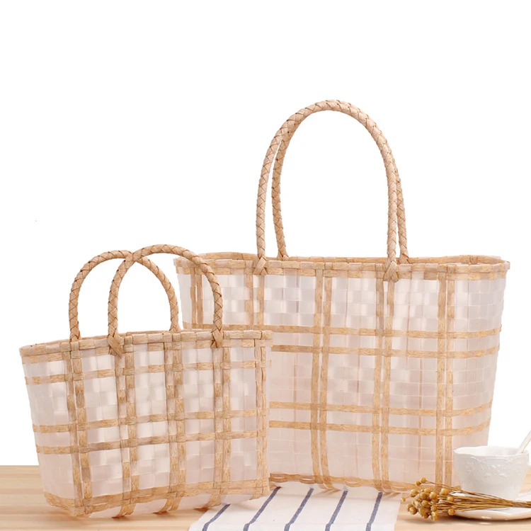 Wholesale Summer Beach Hand Carry Lattice Stripe designer Shopping Bag Transparent Plastic Sandy Beach Weave Bag