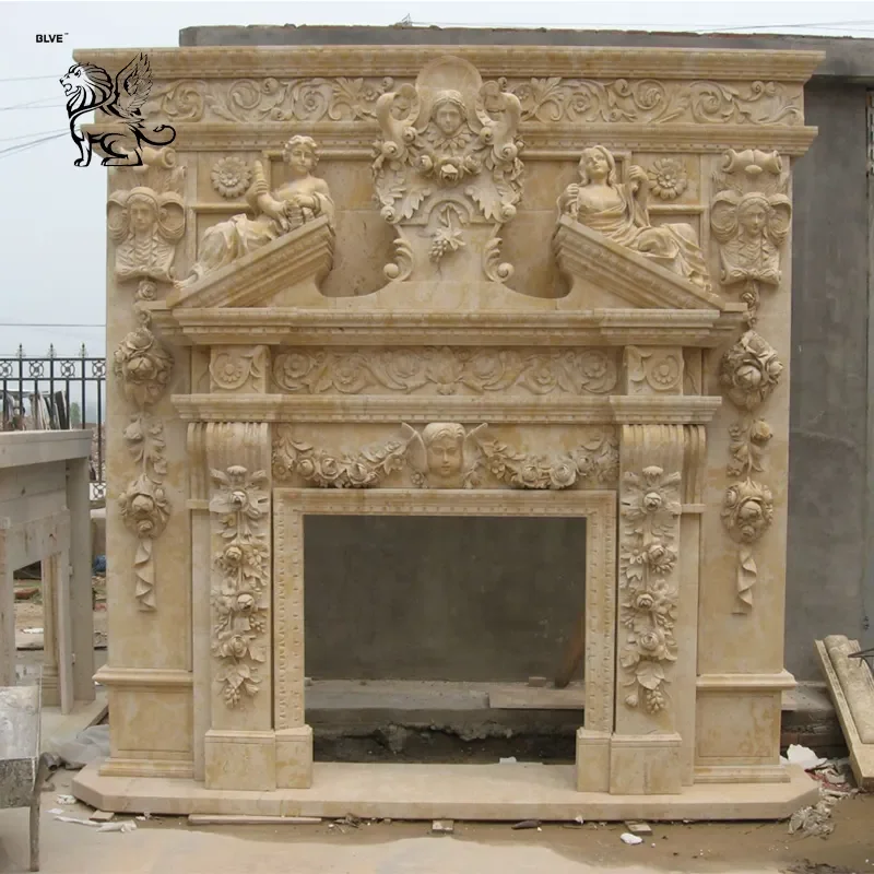 BLVE Modern Indoor Home Decor European Style Freestanding Fireplace Natural Stone Lions Large Marble Mantle Granite Material