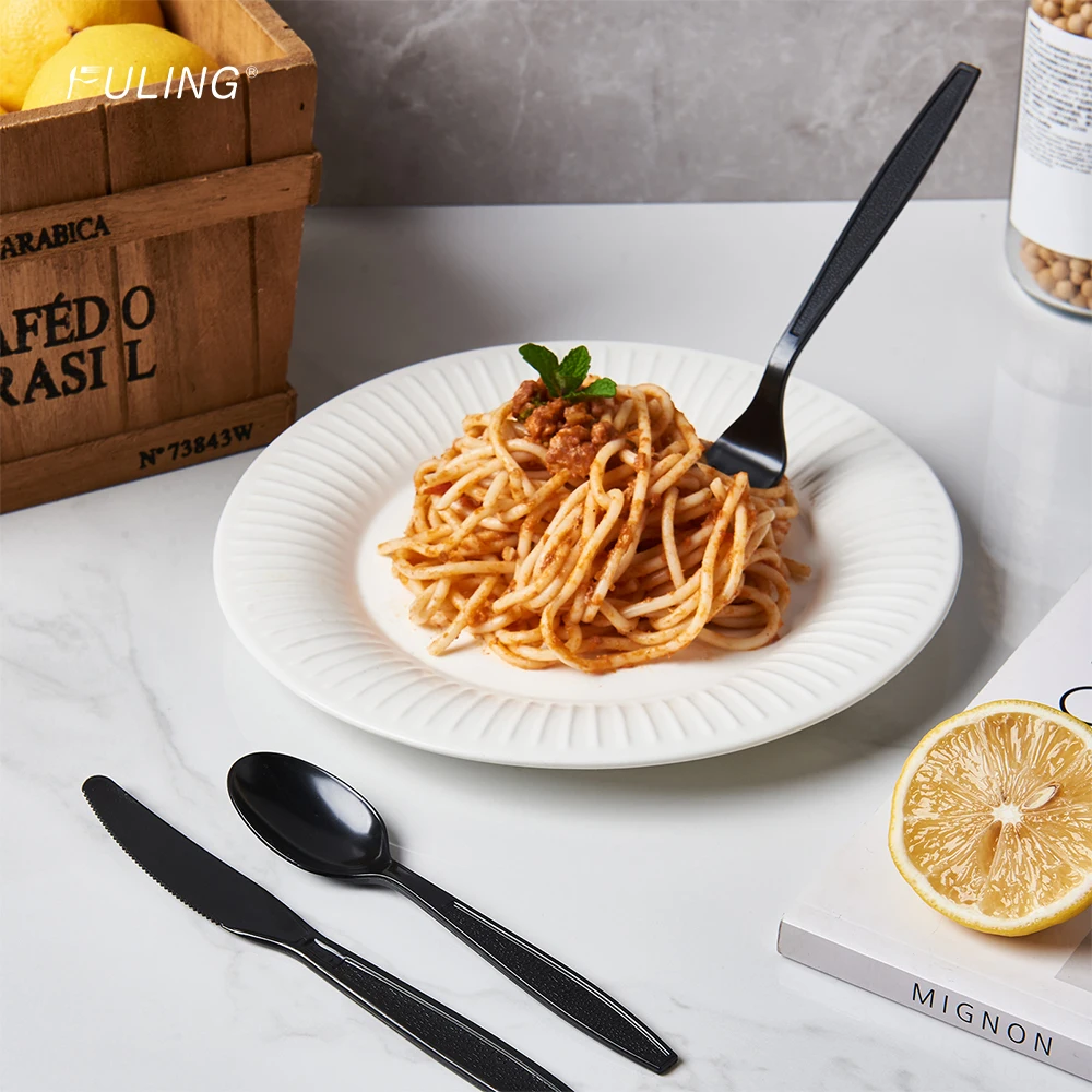 Fuling 6 In1 Heavy Weight PS Disposable dinnerware sets custom black fork and spoon knife plastic cutlery kit with napkin