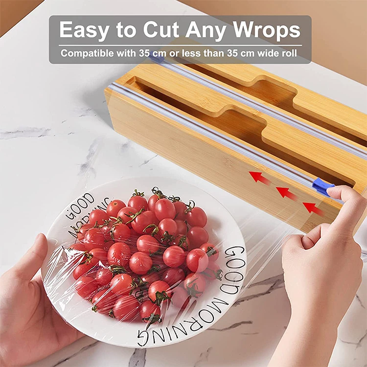 Wholesale hot sale kitchen roll organizer cling holder four size bamboo foil wrap dispenser with cutter