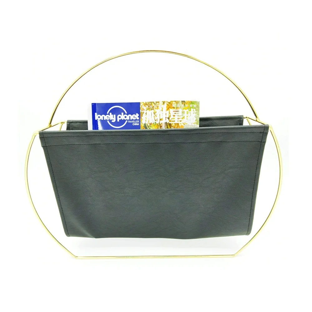 
Decorative modern portable luxury Gold Wire Black Pu Leather Newspaper Magazine Rack 