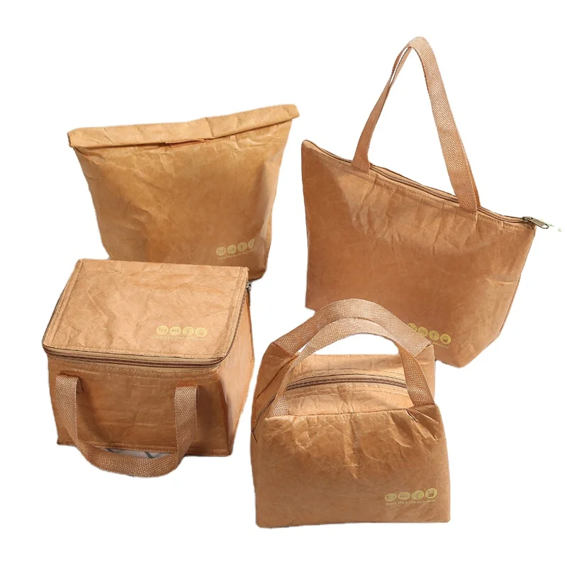 wholesale foldable Women Eco kraft brown paper insulated tyvek lunch cooler bag
