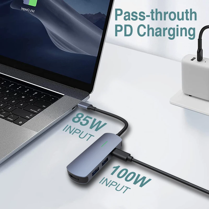 4k hdmi2.0 Hub Type-C 3.1 Usb 4 Port Computer 100W Charging Aluminum Usb C 4K Hub Usb Hub 3.0 C 2 Ports Rj45