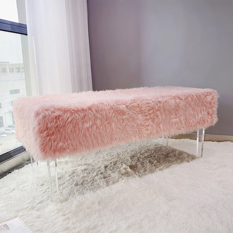 HStex 2022 luxury large fur bedroom decorative bench ottoman hotel modern stool tuffled ottoman bench