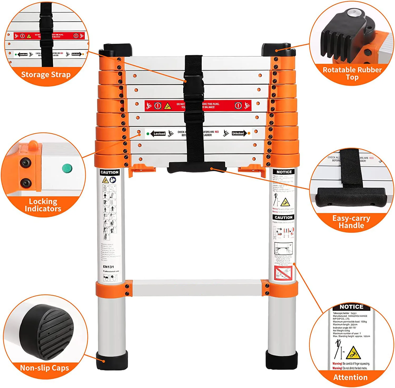 2.6M Aluminium Extension Retractable Folding telescopic ladder with en131