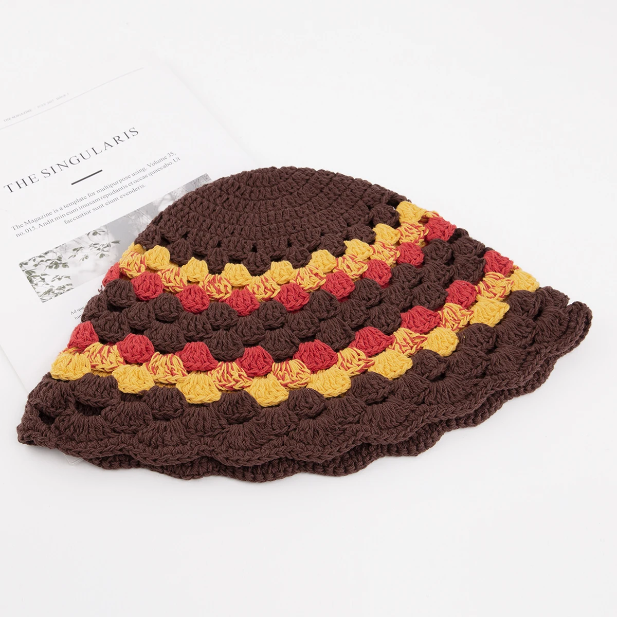 Hand made crochet bucket hat hollow wool hat contrast knitted basin hat