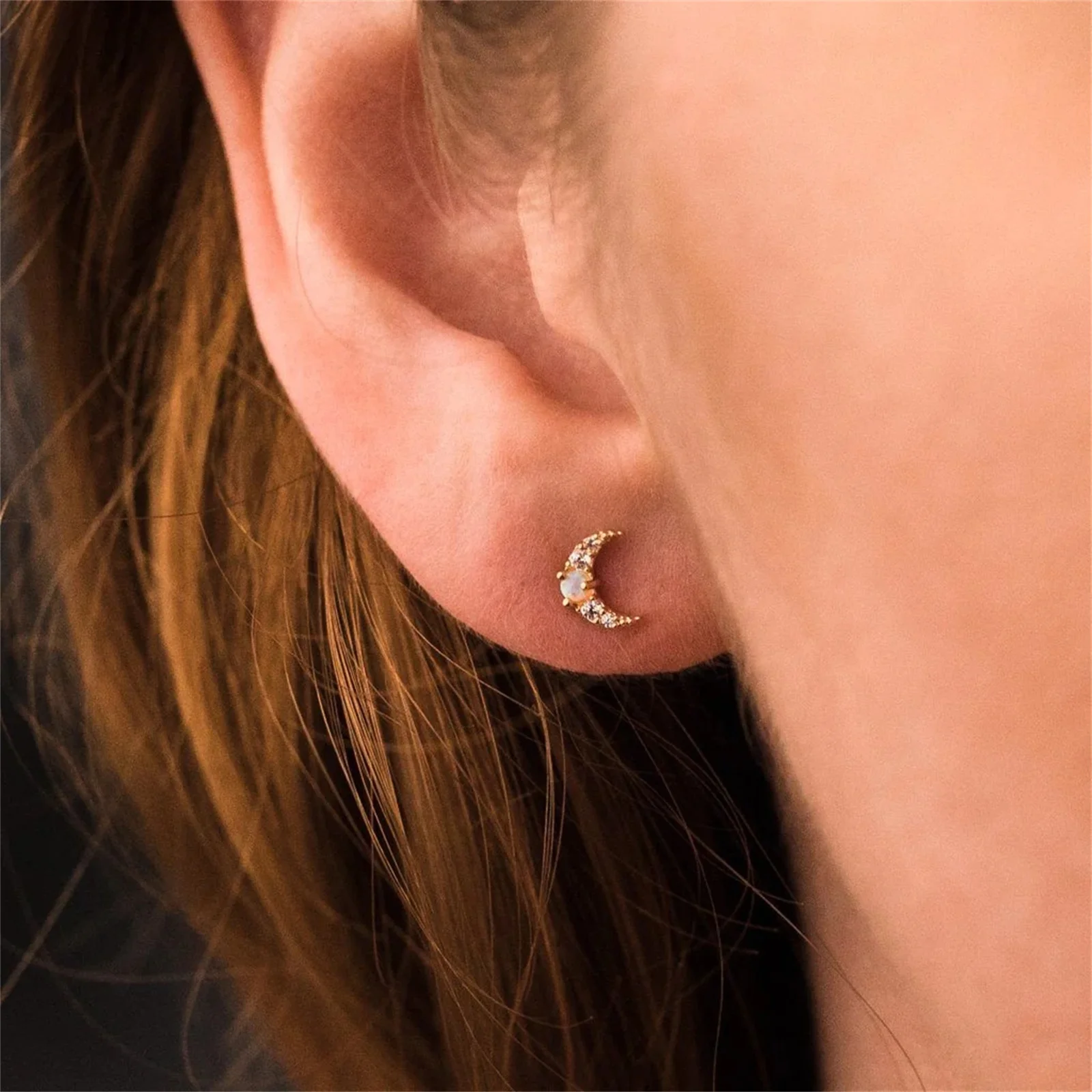 FUAMAY Branded Earring 2024 Mini Moon Moonstone Opal Stud Earrings Crescent Moon Earrings 925