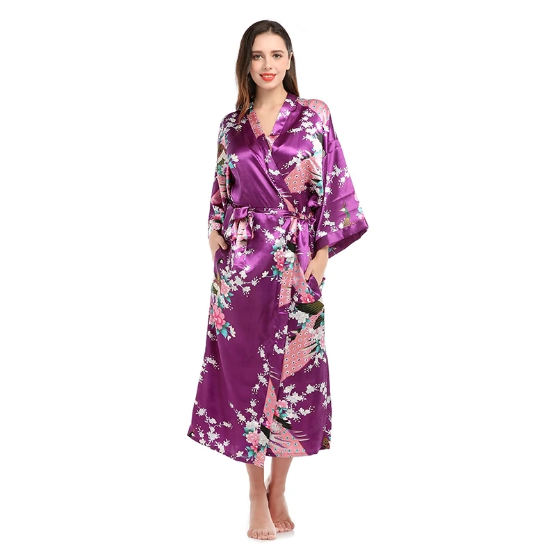 
Customized Print Satin Silk Kimono Ladies Night Gown Luxury Bath Robe Wholesale Pajamas Women Sukienka Bathrobe 