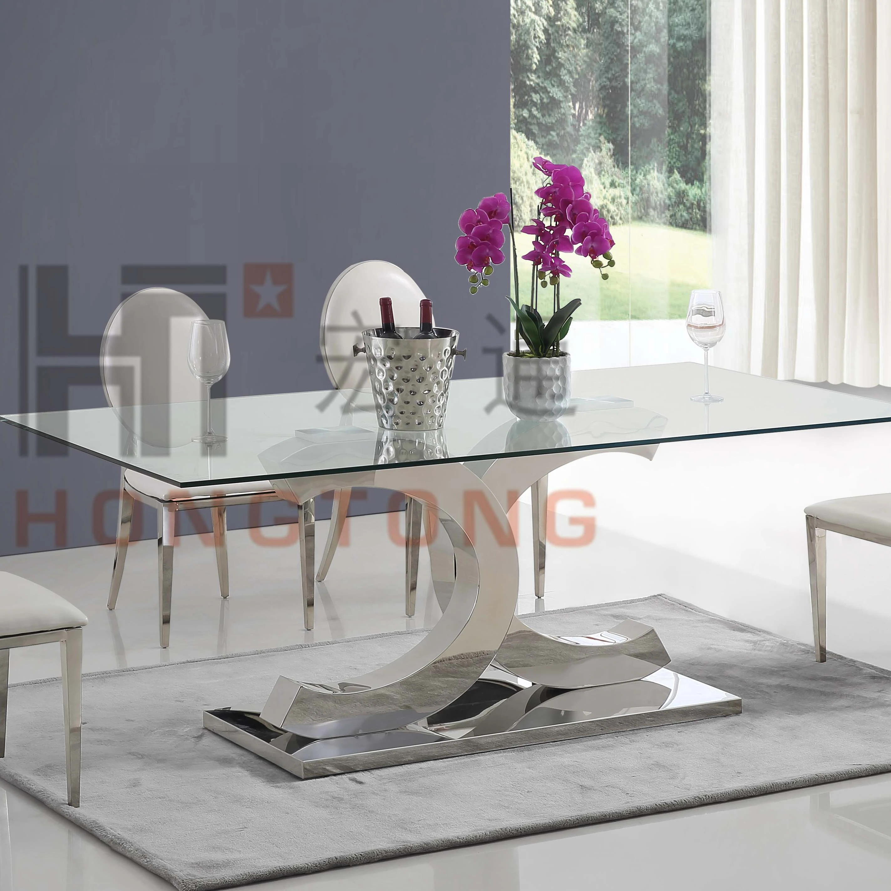 stainless steel glass top dining table and 6 chair dining room furniture