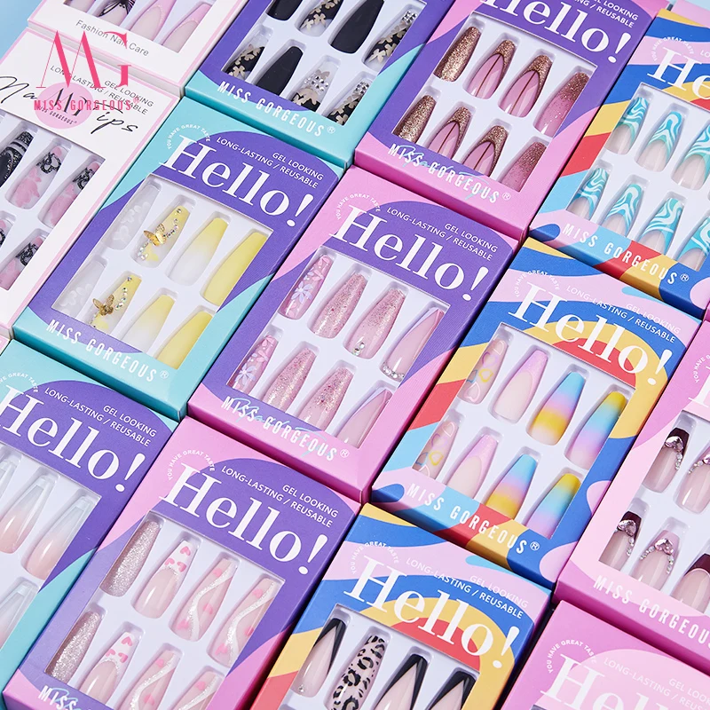 MG 24pcs Many Designs New Diamond Full Nail Tip Press On Nails Private Label Coffin Artificial Fingernails Tips For Women