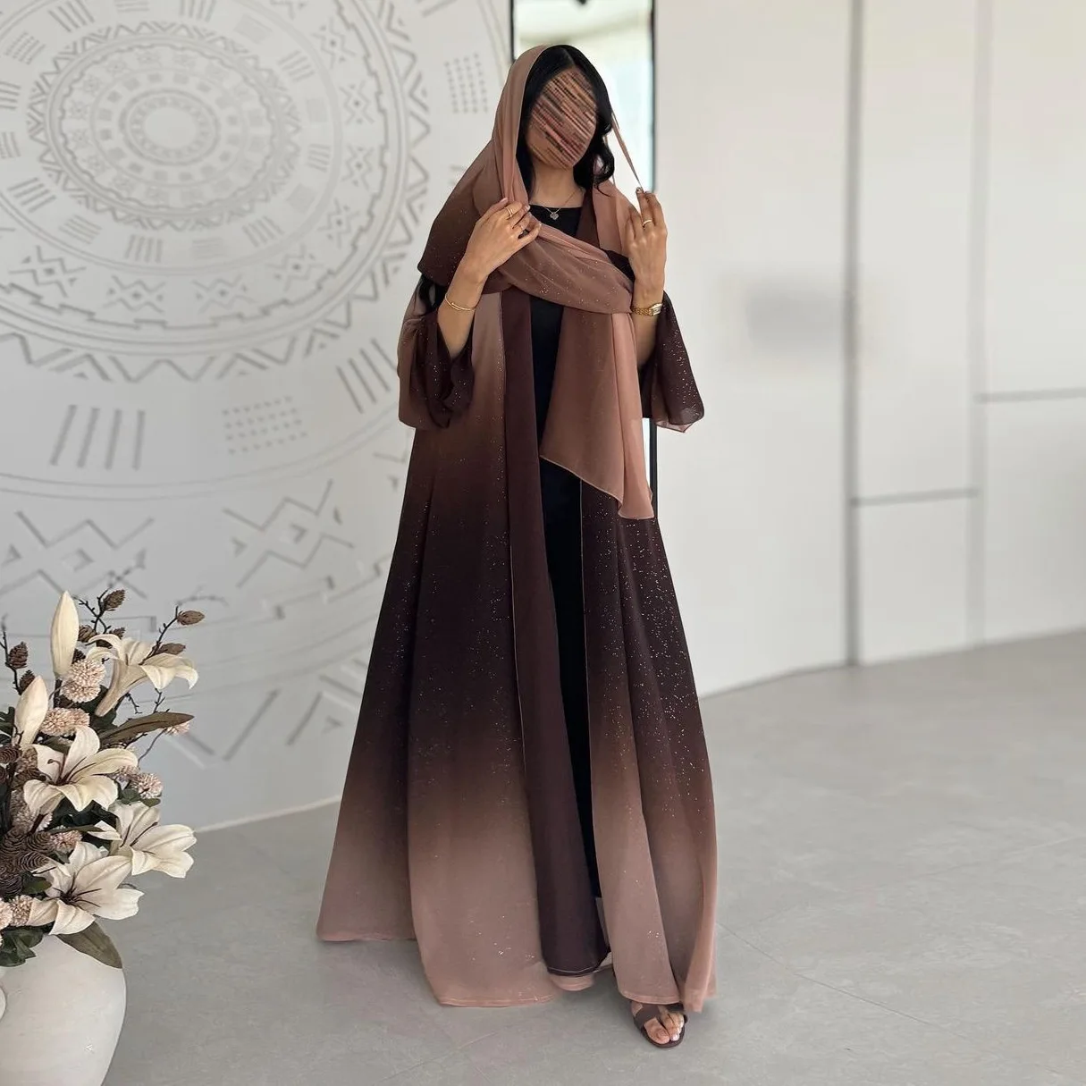 2024 Modest Luxury Dubai Abaya Turkish Women Muslim Dress Glitter Chiffon Kimono Tie Dye Ombre Abaya