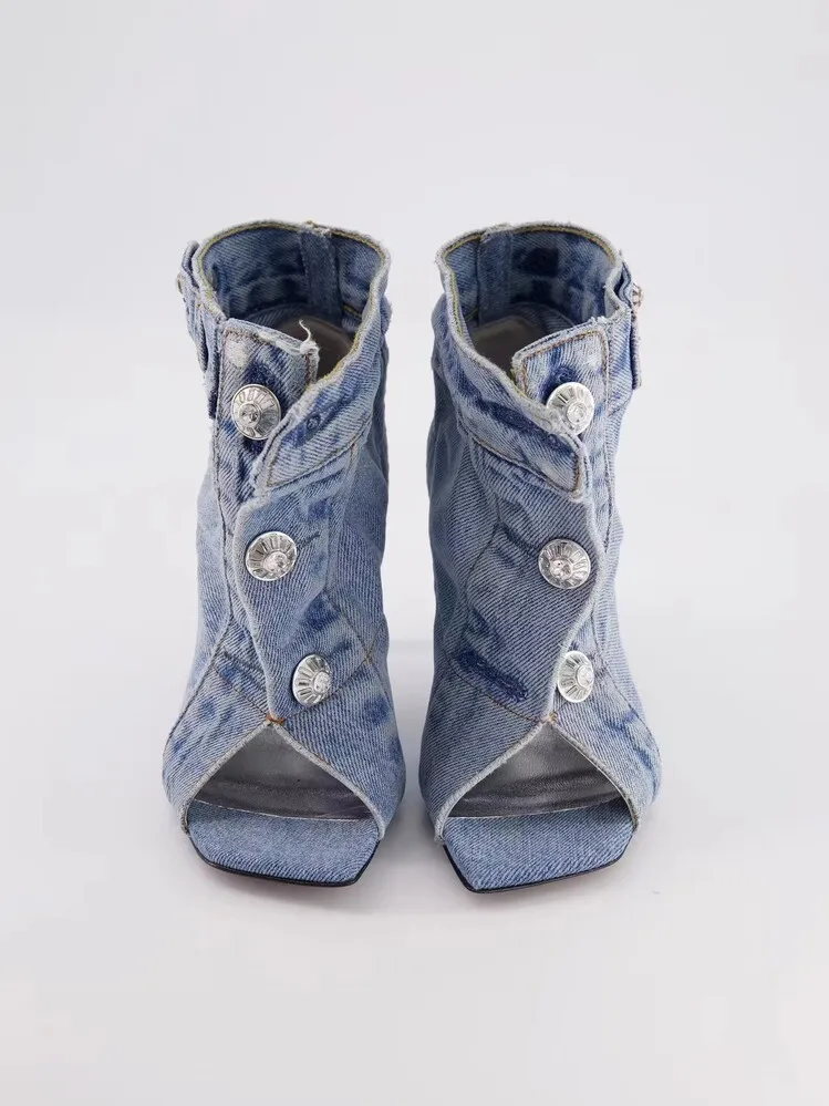 Summer Square Open Toe High-Heeled Short Boots Denim Ankle Boots Stiletto Sandals Buckles Jeans Women Shoes