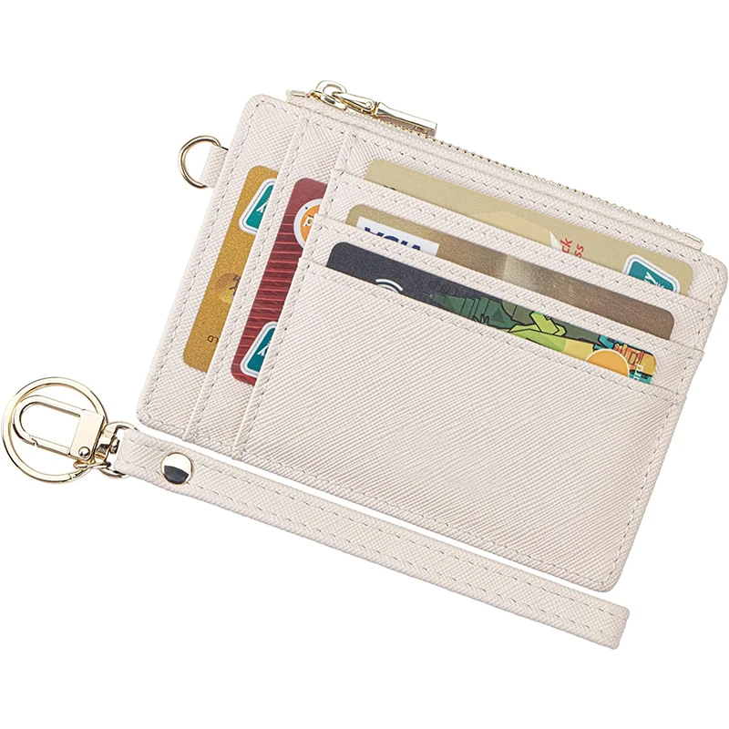 Slim Rfid Blocking Credit Card Holder Wristlet Zip ID Case Wallet women leather gift card holder with zipper keychain