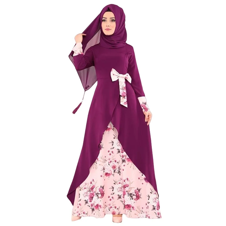 Floral print patchwork four seasons long skirt Middle Eastern dress robe for women Muslim Islamic India Indonesia robe