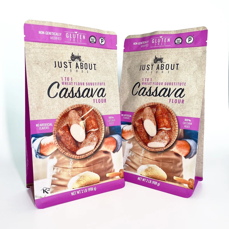 Eight sided sealing packaging plastic bags for food flat bottom child proof flour pouches