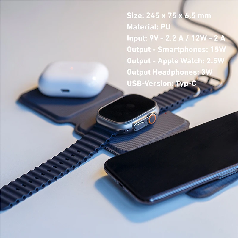 Leather Magnetic Foldable Charger Station Cellphone Headphones Smart Watch Fast Travel Charger 3 in 1 foldable wireless charger