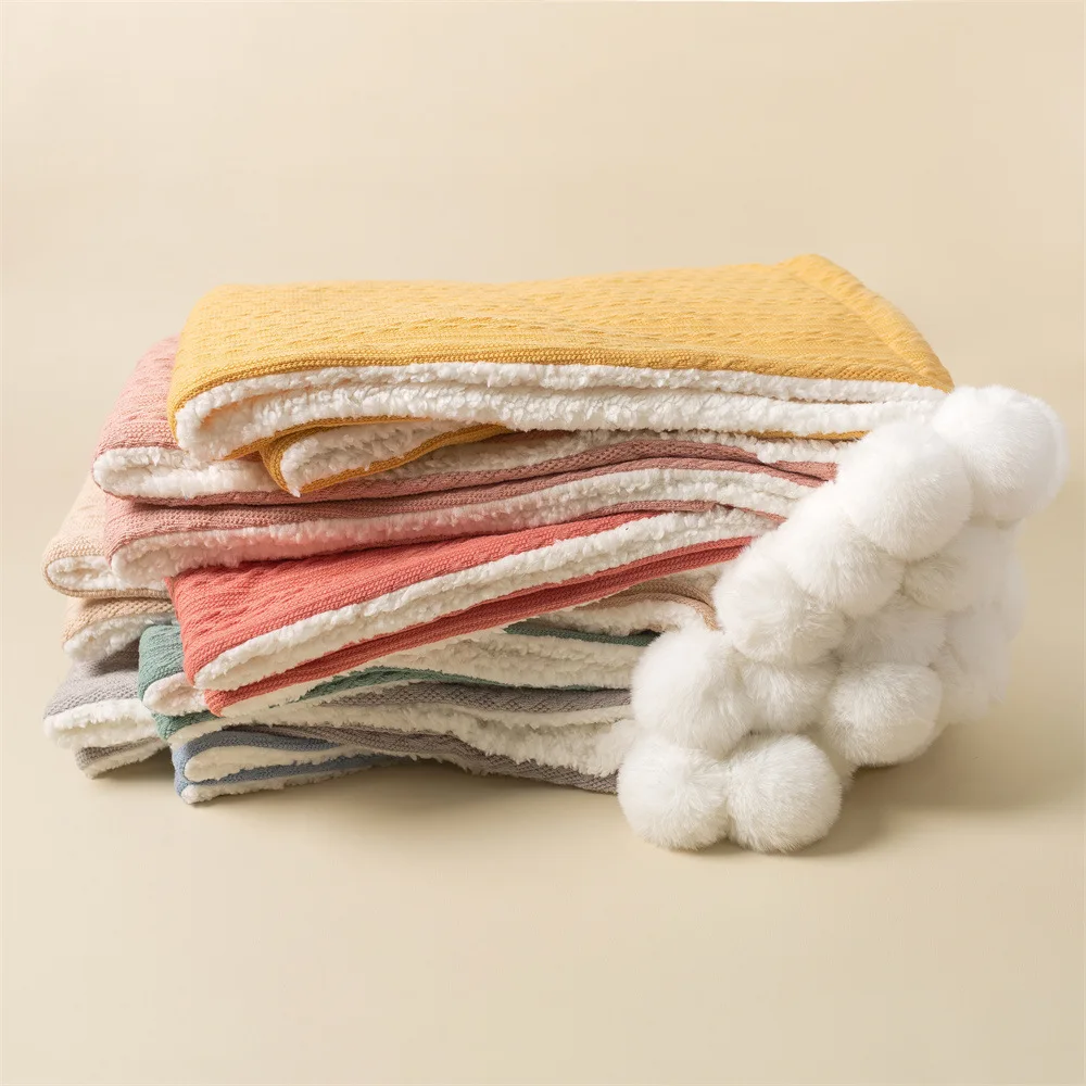 New Arrival Baby Soft And Comfortable Two Layers Knitted Jacquard Fabric And Faux Lambswool Blanket For Travel