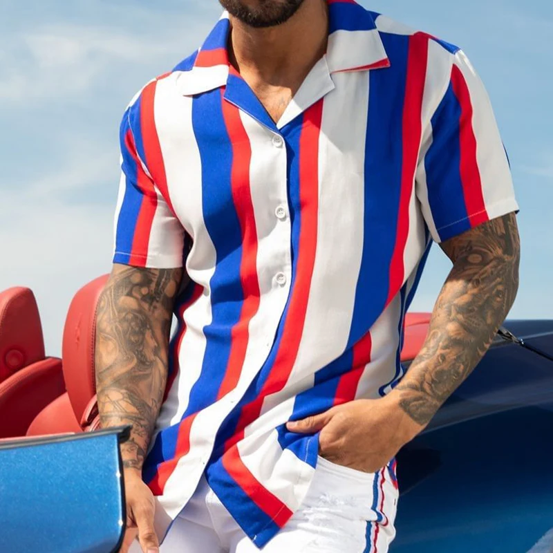 2023 New vertical stripes button up shirt mens 100 polyester t shirt wholesale breathable hawaii shirts for men casual