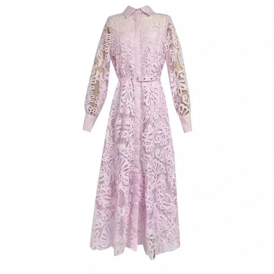 French Artistic Retro Style 2024 Autumn New Lapel Machine Embroidery Hollow-Out Cinched Dress Women