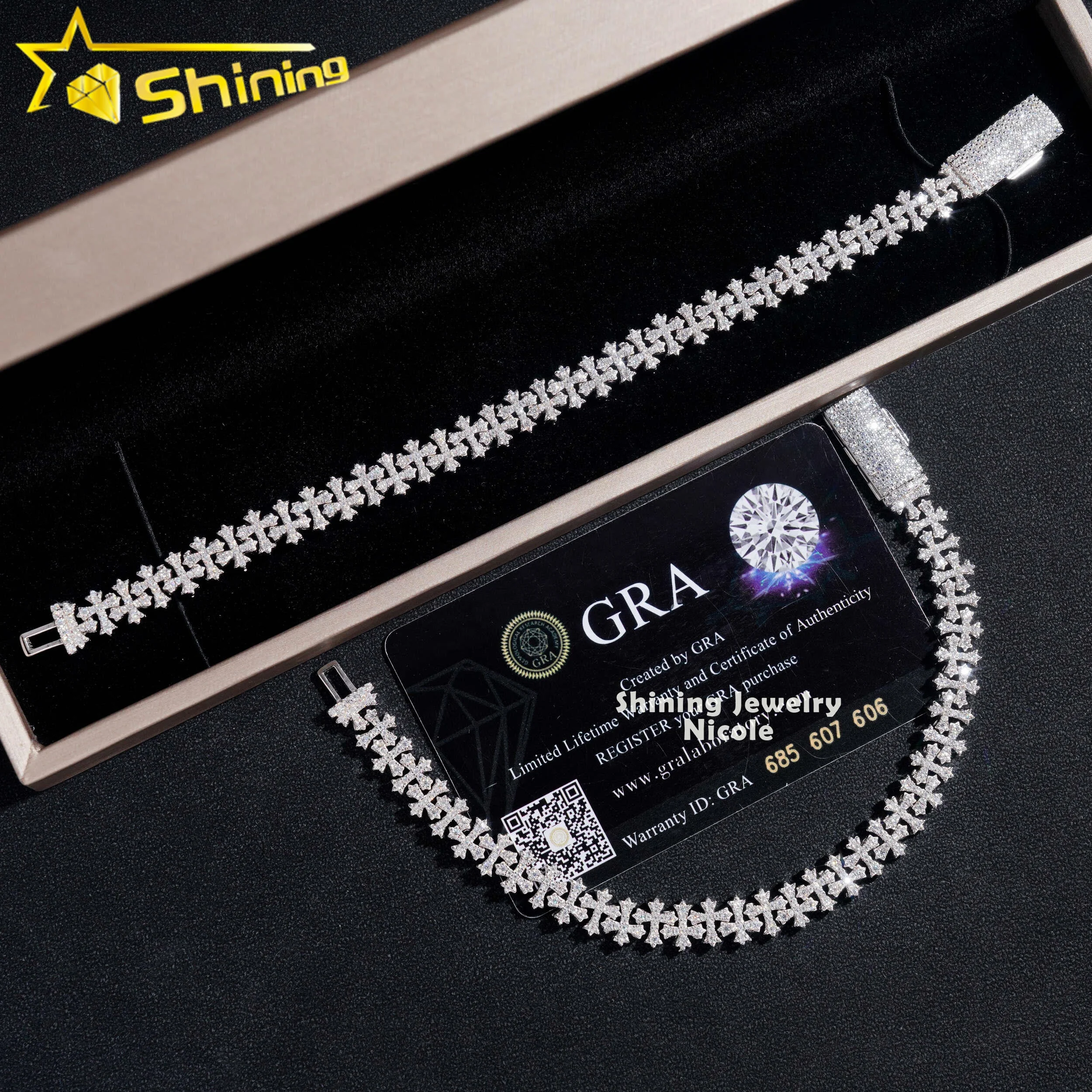 Wholesale Price 925 Sterling Silver GRA Certificate 8MM Cross Moissanite Diamond Cuban Link Chain Bracelet
