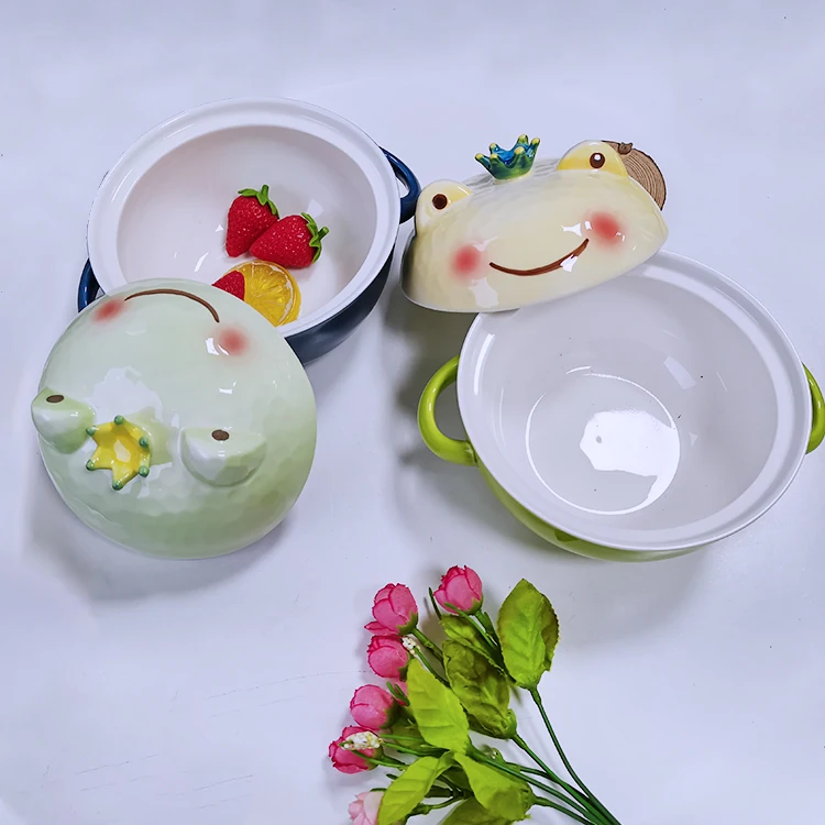 Creative Porcelain Frog Prince Ramen Noodle Bowl Soup Bowls With Cover And Handle Gift Set