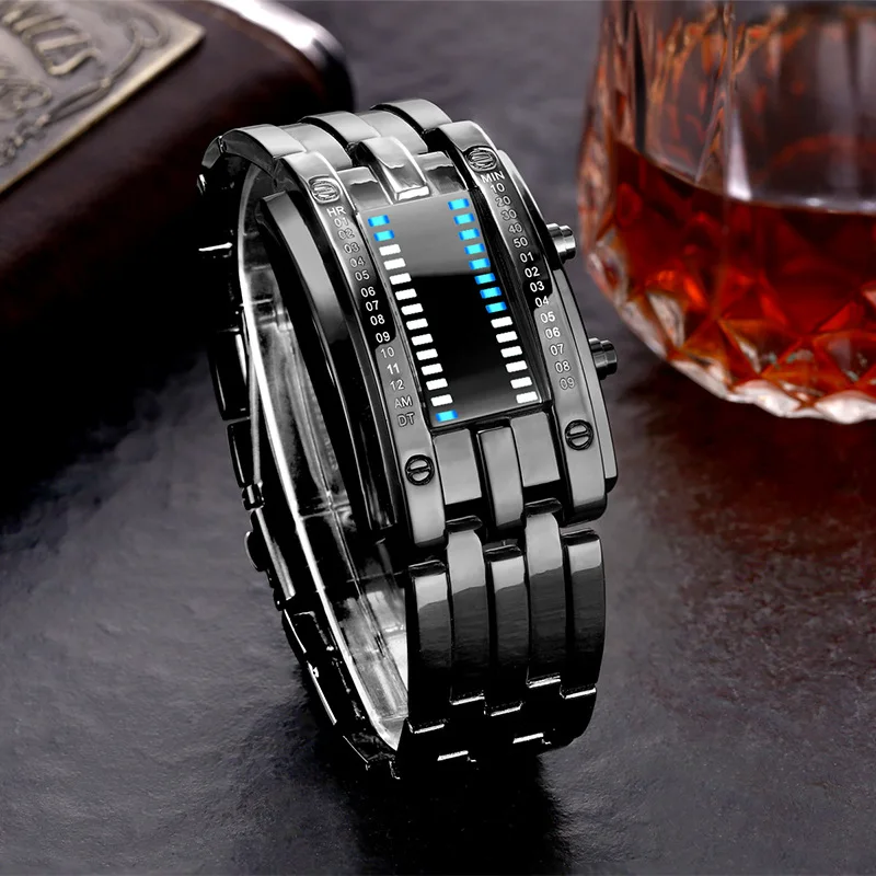 Fashion Creative Sport Watch Men Stainless Steel Strap LED Display Watches Binary Digital Watch reloj hombre