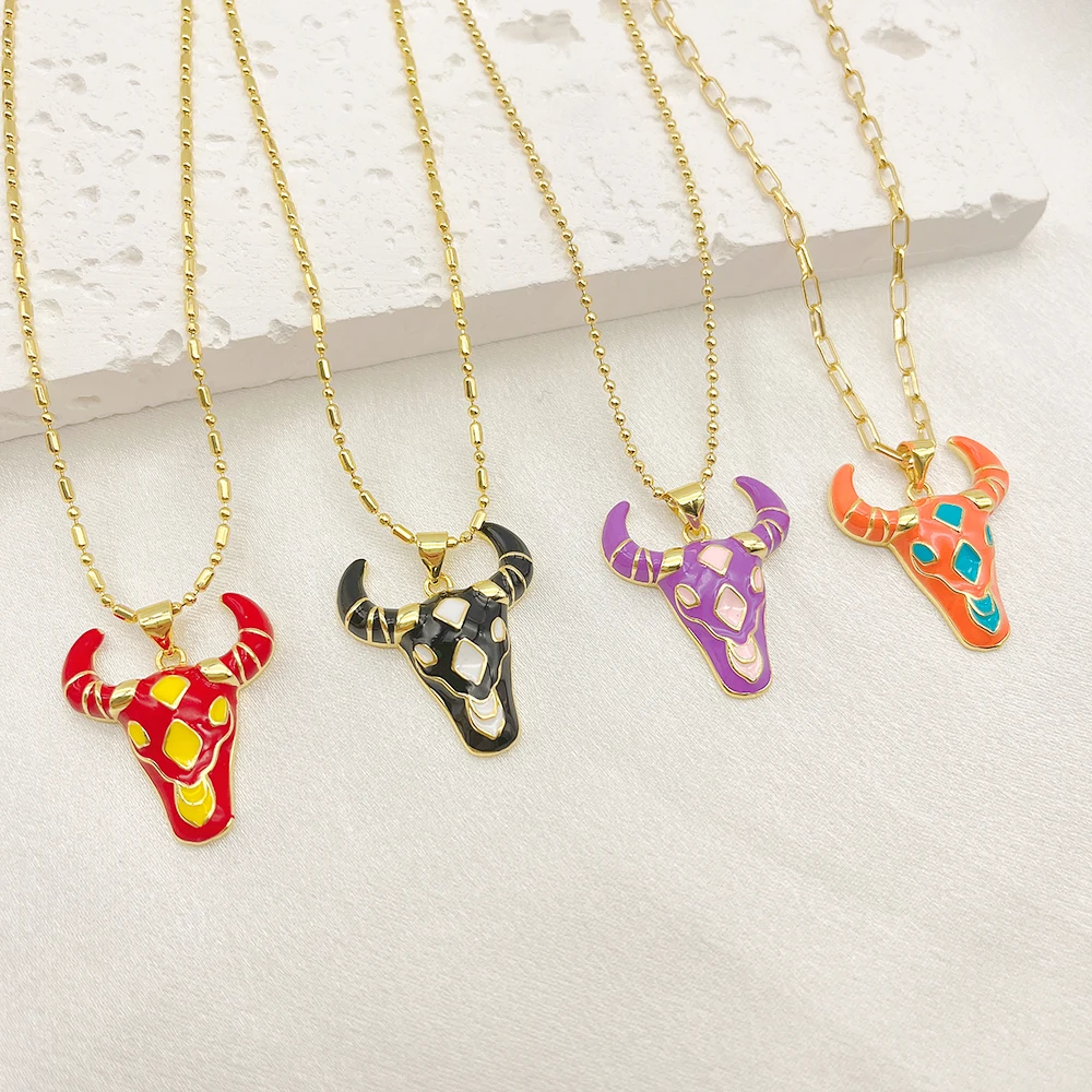 18k gold plated colorful oil dripping bull head necklace