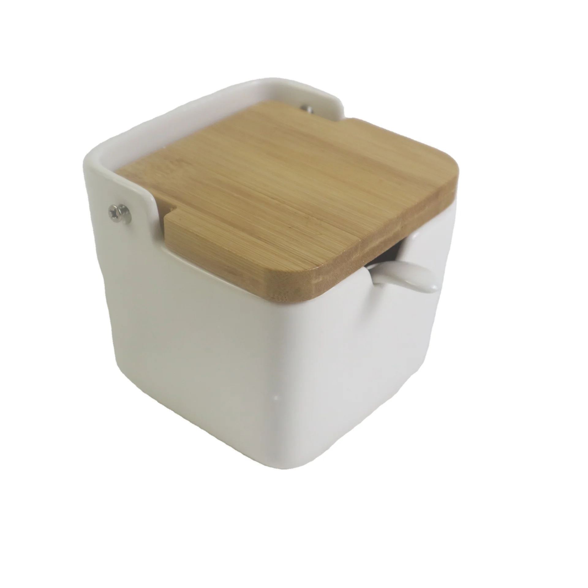 Ceramic spice container with bamboo lid and spoon