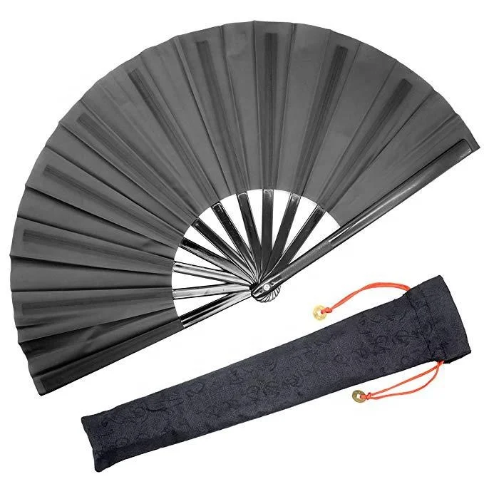 Customized Chinese traditional large folding tai chi  kung fu wushu bamboo ribs hand fans with pouch