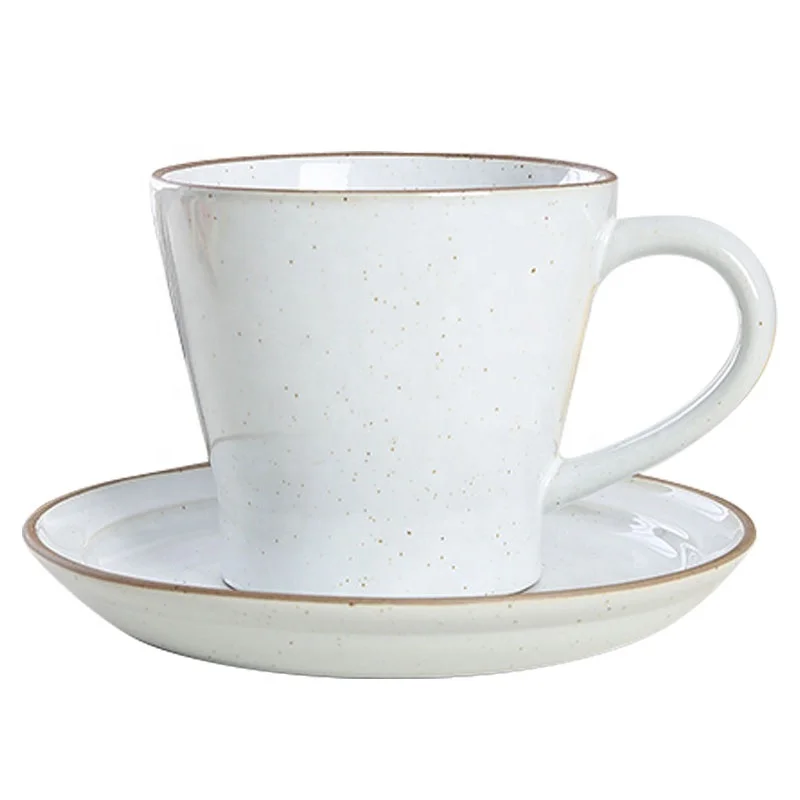 Low price office ceramic hangrip white color glaze coffee mugs with tray rim porcelain cup saucer set