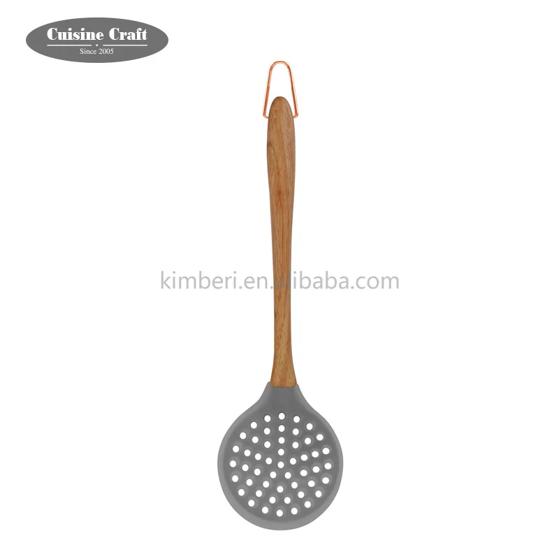 Standard Heat Resistant factory stock item cooking kitchen Silicone skimmer with wooden handle