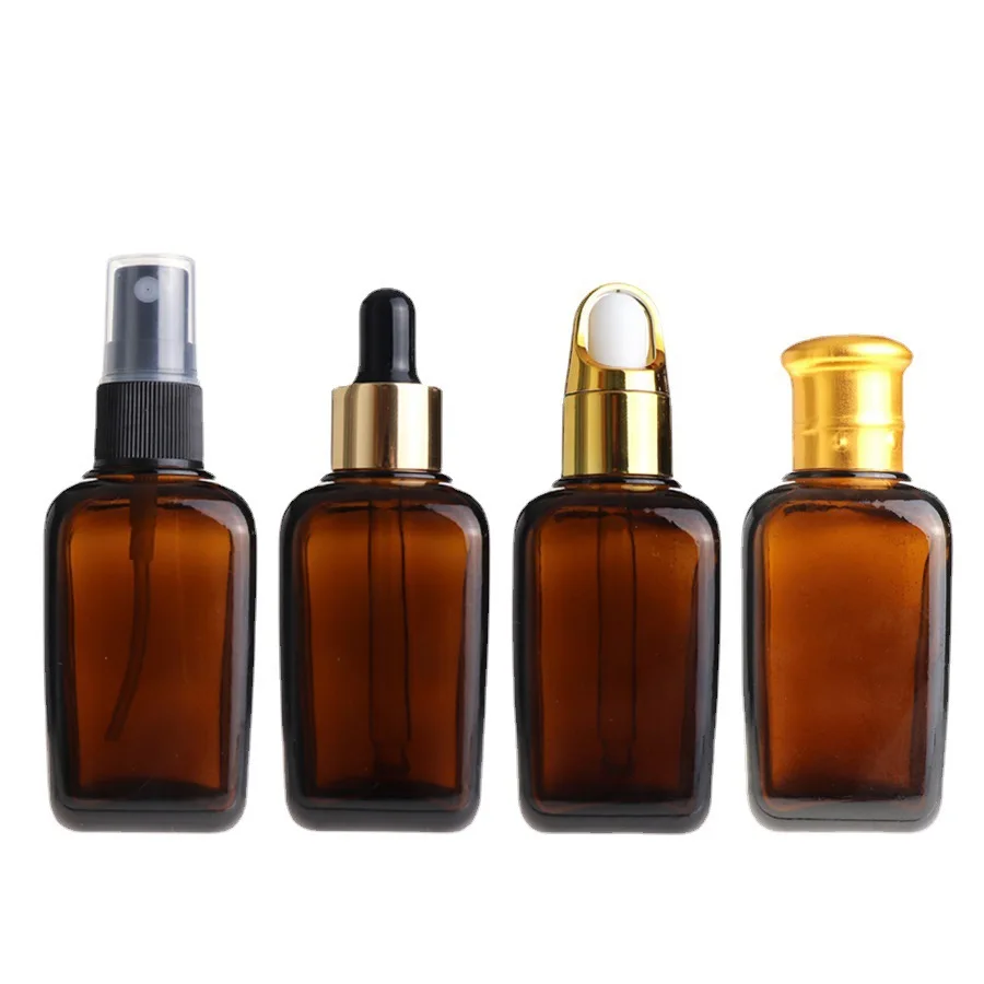 10ml 20ml 30ml 50ml 100ml Amber Cosmetic Serum Essential Oil Lotion Pump Spray Dropper Glass Bottle with Different Lids