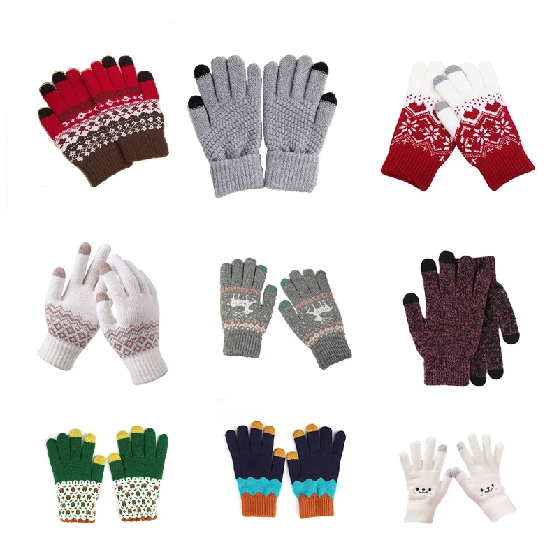 Winter men women warm adult touch screen wool acrylic knit pure color jacquard gloves for free size