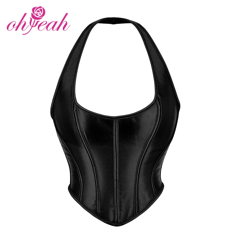 Shop new style mature women black satin halter 13 pieces plastic bones sexy vintage corset vest