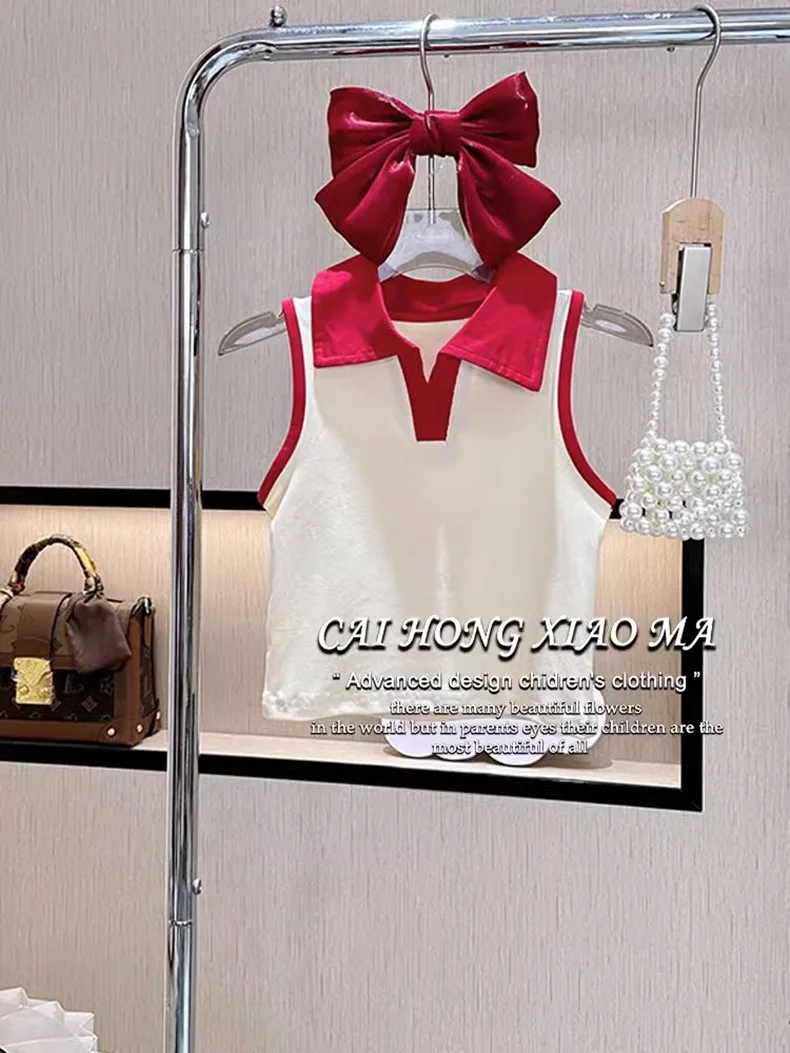 2024 Little Girl Summer Clothing White Red Turn-down Sleeveless Polo Shirt +Denim Skirt Shorts 2 pcs Garment Set