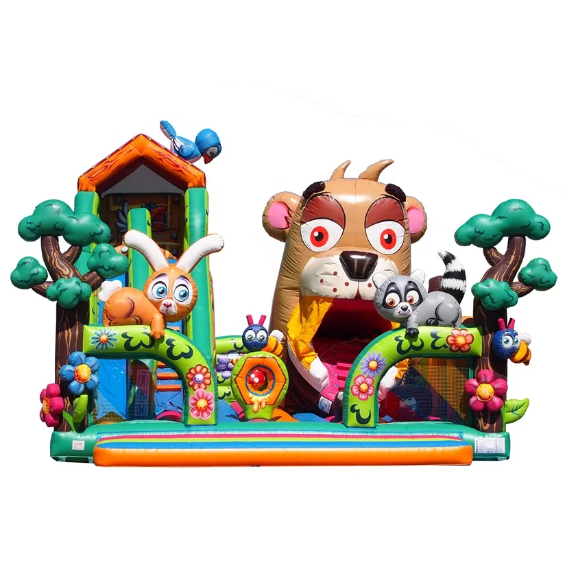 High quality PVC Jungle Animals Funland With Moving Tiger Mouth and Jump climb slides obstacles for kids
