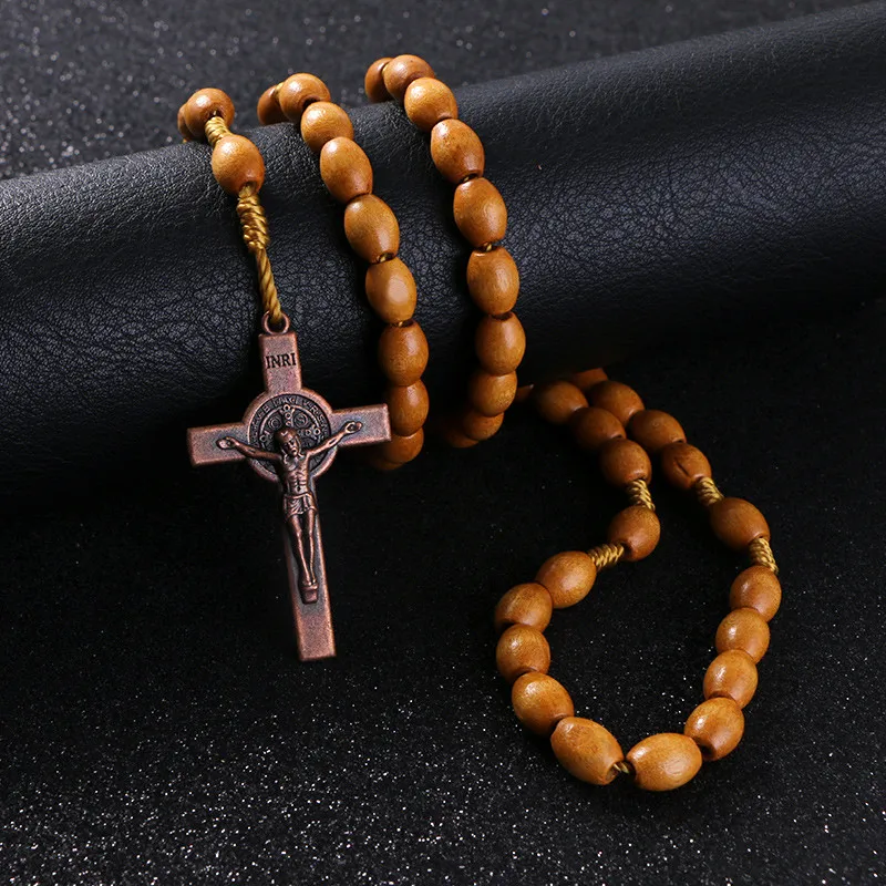 KOMi Handmade Weave Round Saint Benedict Medal Antique Wooden Rosary Cross Necklace Vintage Catholic Religious Jesus Jewelry Mot