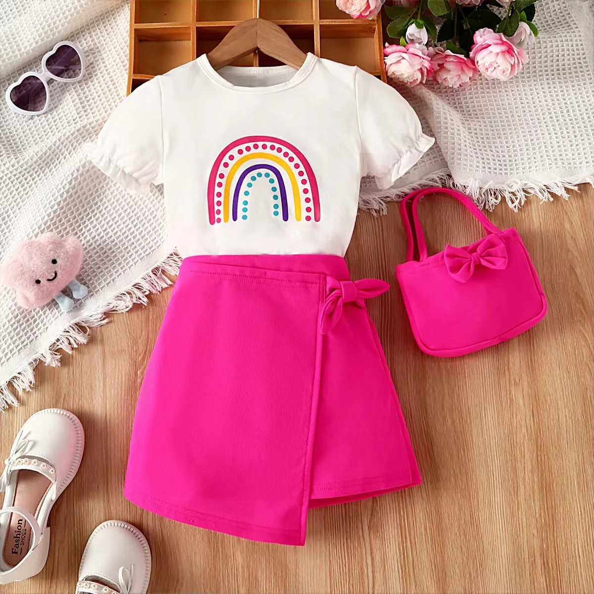 Conyson new arrival Wholesale Kids Suits Three Piece 4-7 Years Summer rainbow shirt Solid skirt Girls Clothing Set with bag