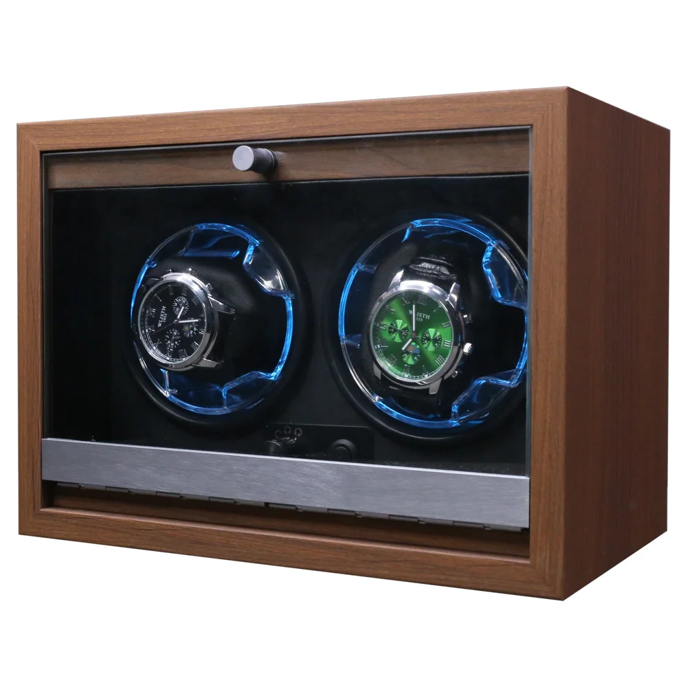 Wholesale Walnut Luxury Black Wood Automatic Watch Winder 2 Watches Box and Safe Cabinet Rotating Watch Storage Case