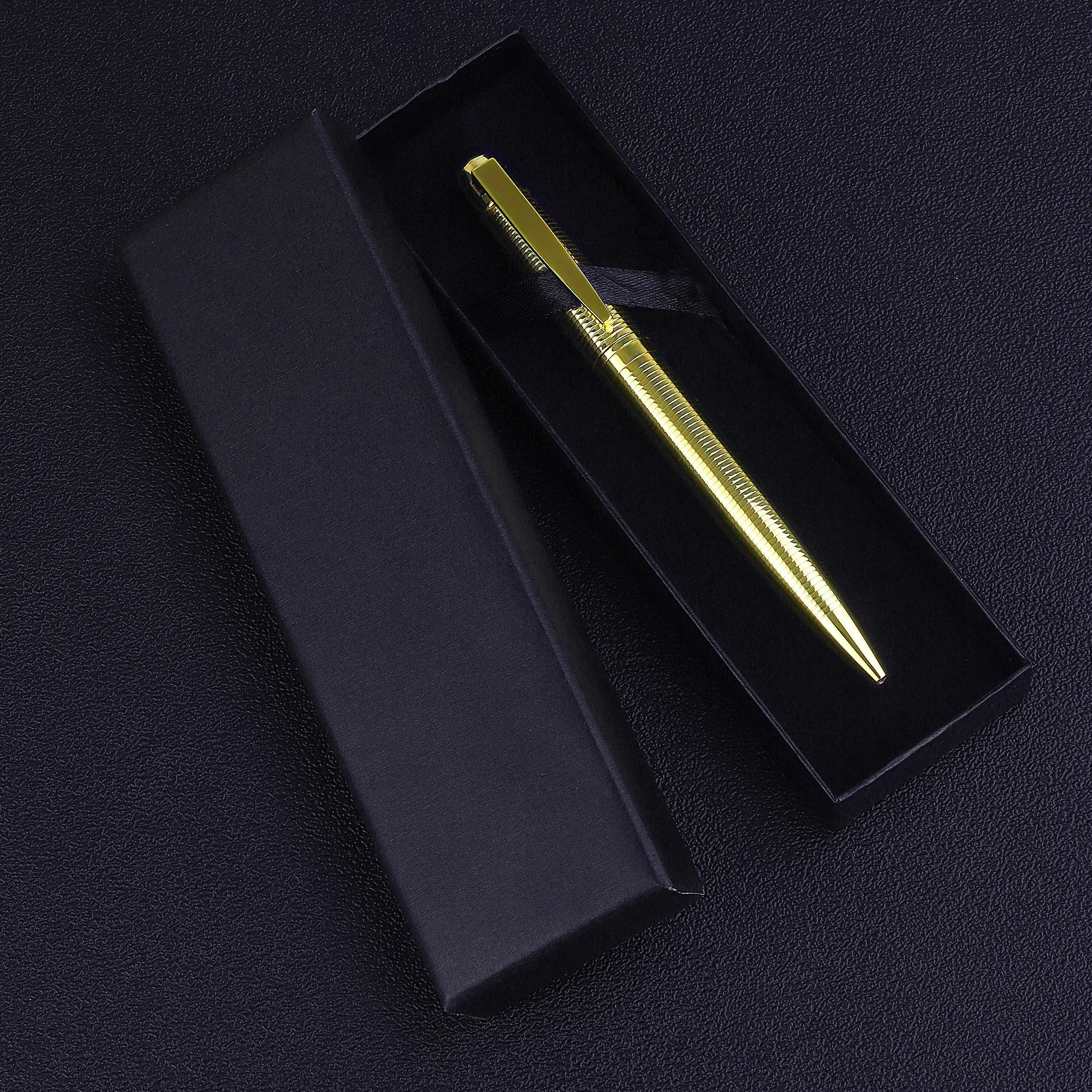 Luxury stainless steel metal body gold trim engraved logo twist ballpoint pen with gift box pen set stationery gift