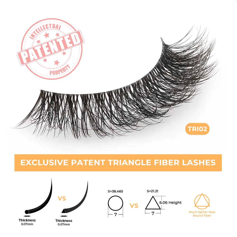 Custom Logo Patent Triangle fiber 3D wispy 18mm faux mink cat eye lash clear band natural full strip eyelash