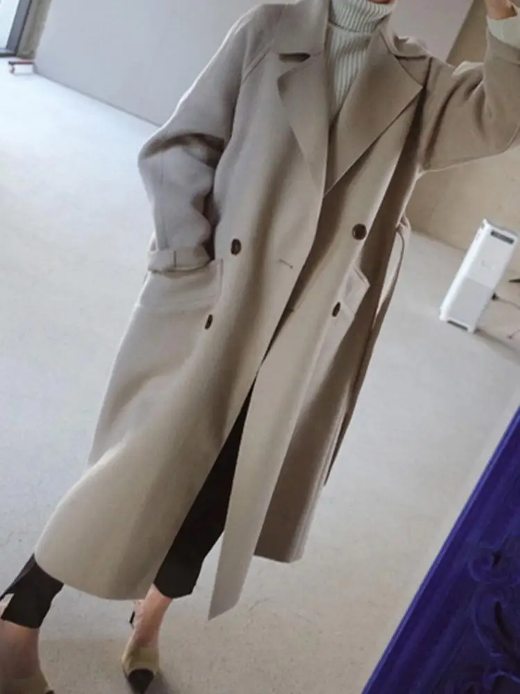 
Women Wide Lapel Belt Pocket Wool Blend Coat Oversize Long Trench Coat Outwear Wool Coat Women 