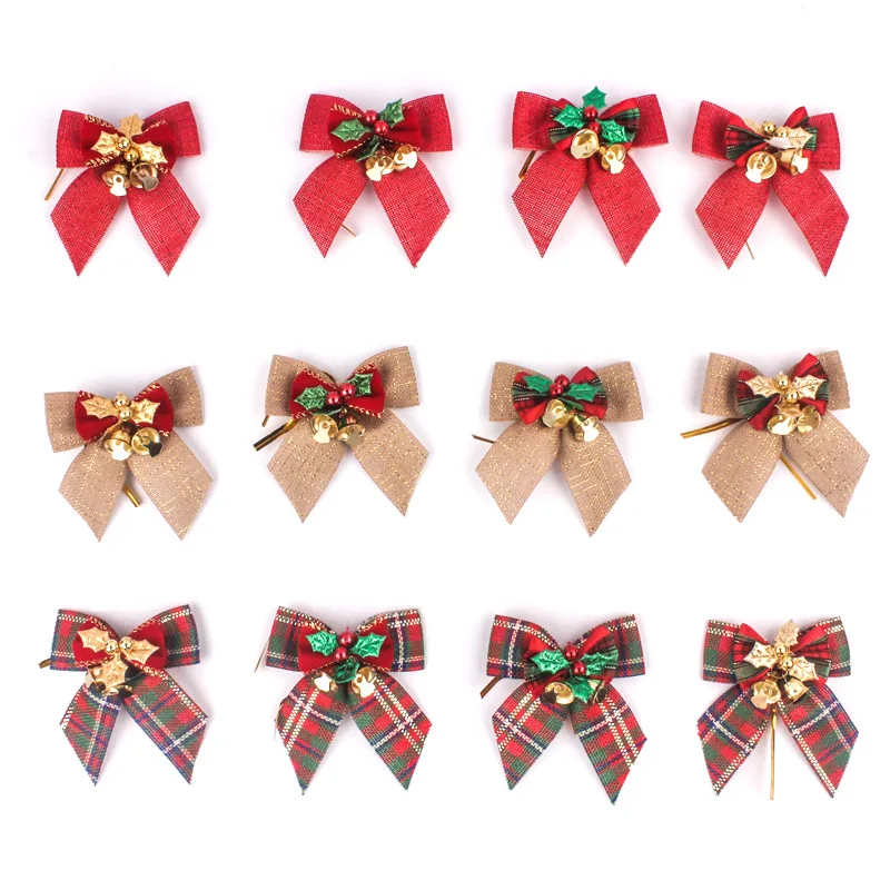 Bowknots Christmas Bows With Iron Bells Christmas Tree Decorations Party Tie DIY Gift Bow Mini Craft