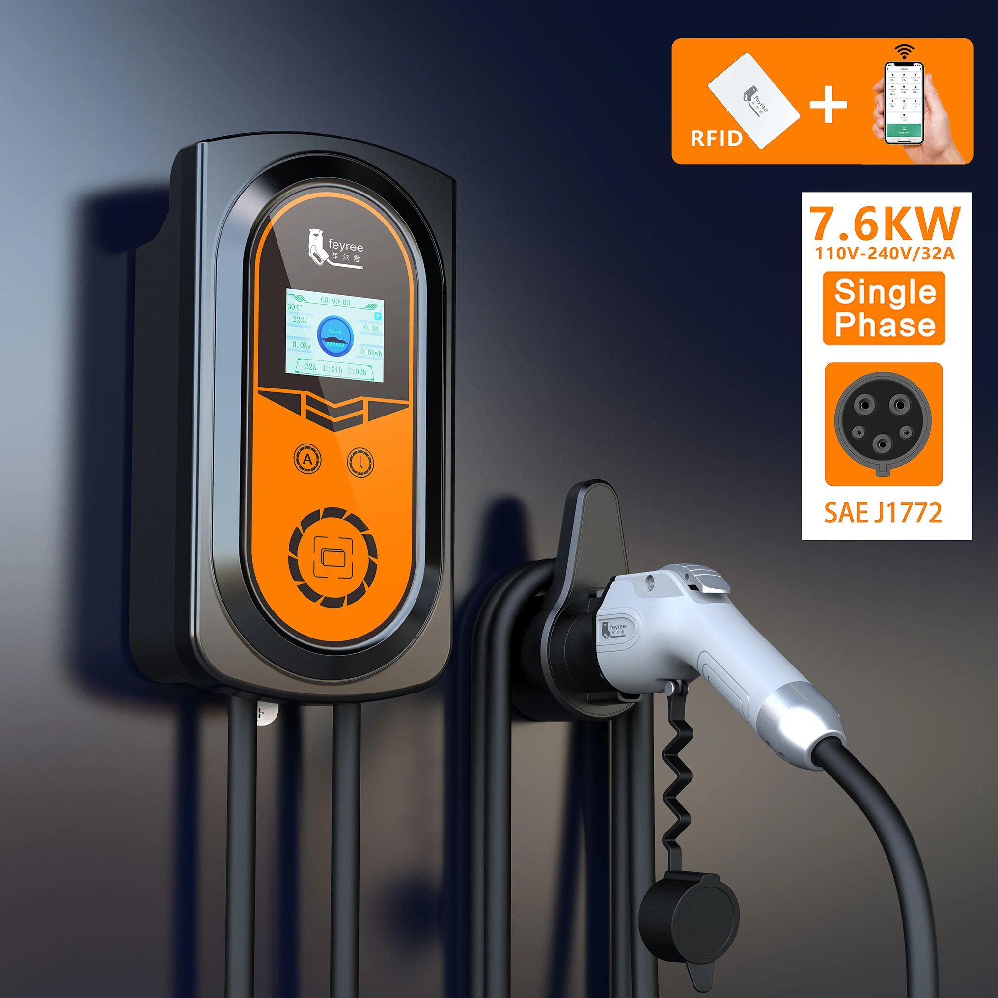 Feyree electric car wallbox 7.6kw  8A 10A 13A 16A 32A RFID Card ev charging station for Tesla